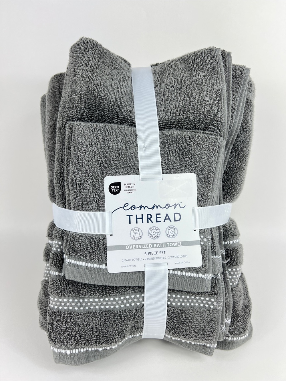 Common Thread Bath Towel Set Grey White Quick Dry Low Twist Cotton 6 Pc NEW